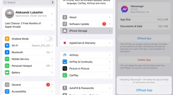 Jak usunąć pamięć z Messengera? Ekran iPhone'a pokazuje opcję "Offload App" (Odciąż aplikację), która usuwa aplikację, ale zachowuje dane.