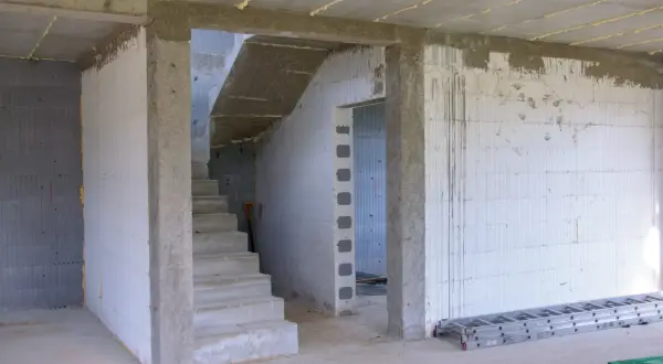 Wnętrze budowy z betonowymi schodami i otwartym przejściem. Jaki otwór pod drzwi 80 cm będzie idealny do tego pomieszczenia.