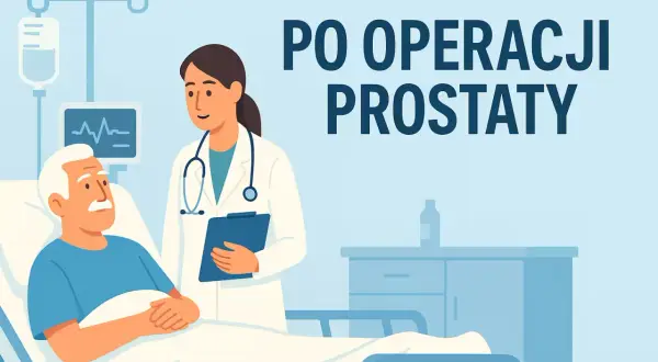 Lekarka rozmawia z pacjentem po prostatektomii radykalnej. W tle kroplówka i monitor.