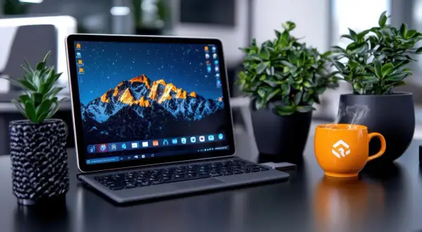 Laptop z górskim krajobrazem na pulpicie, obok kubek parującej kawy i rośliny. Idealne miejsce do pracy, gdzie łatwo znaleźć skrót klawiszowy do nagrywania ekranu.