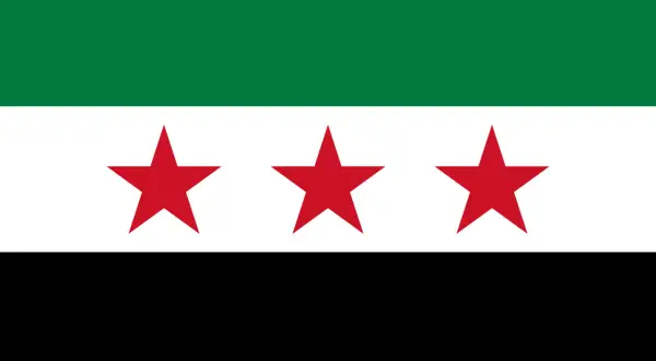 Syriska flaggan med tre röda stjärnor på vit bakgrund, grön överst och svart nederst. Fakta om Syrien kan finnas bakom denna symbol.