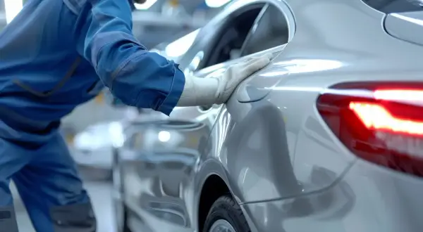 Un ouvrier en bleu vérifie la carrosserie d'une voiture argentée. Le prix de la carrosserie est une préoccupation pour de nombreux propriétaires.