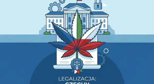Konopie w Czechach: symbol liścia marihuany z flagą Czech przed budynkiem rządowym. Czy marihuana jest legalna w Czechach?