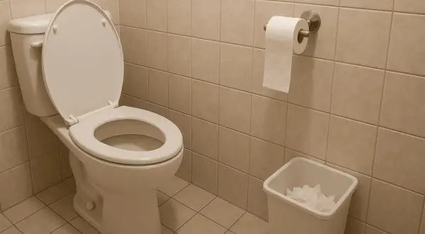 Zatkany kibel, a kret nie pomaga. W łazience stoi biała muszla klozetowa z otwartą klapą, obok kosz na śmieci z pogniecionym papierem.