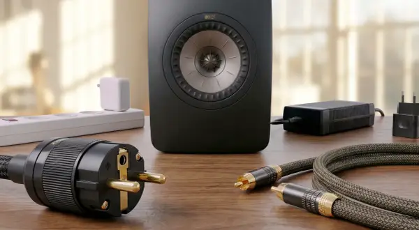 Ein schwarzer KEF-Lautsprecher steht auf einem Holztisch. Kabel und Stecker liegen daneben. Der lautsprecher brummt ohne signal.