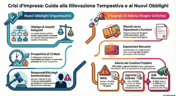 Guida alla gestione della crisi d'impresa: obblighi organizzativi, segnali di allerta (ritardi fornitori, esposizioni bancarie, debiti INPS/INAIL/Agenzia Entrate) e responsabilità amministratori.