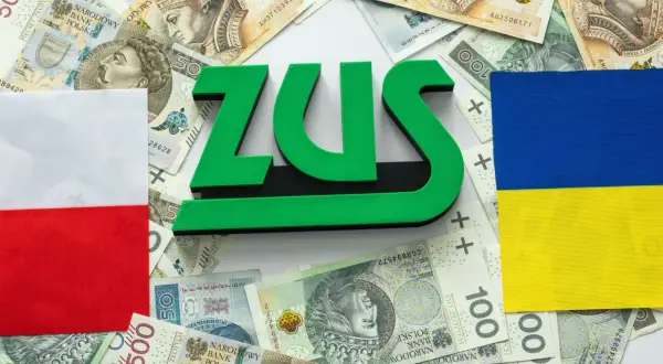 ZUS, polskie i ukraińskie flagi, banknoty. Pytanie: ile wynosi średnia emerytura na Ukrainie?