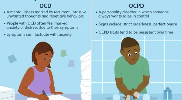 Ilustracja porównuje OCD i OCPD. Po lewej kobieta zmartwiona stertą papierów, po prawej mężczyzna z osobowością anankastyczną myje ręce.
