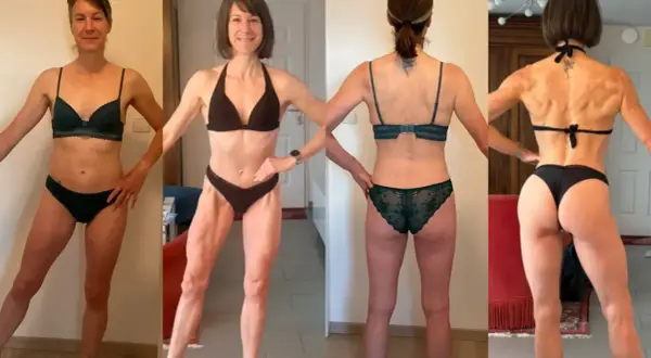 Avant/après musculation femme 50 ans : transformation physique impressionnante, montrant gain musculaire et définition.