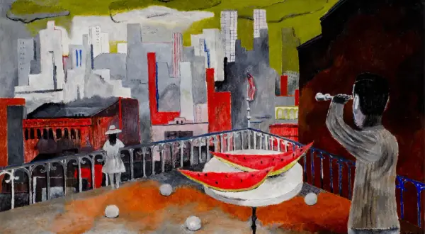 A rooftop scene by Rufino Tamayo, with a figure looking through a telescope at a city skyline, reminiscent of the moon and sun.