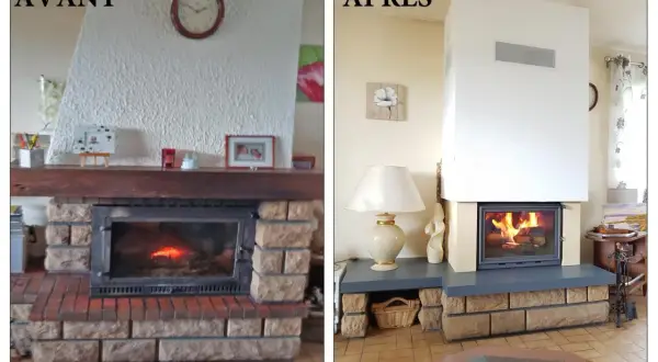 Avant/Après : une cheminée en brique rouge rénovée, transformée en un foyer moderne et épuré, prêt à réchauffer le salon.
