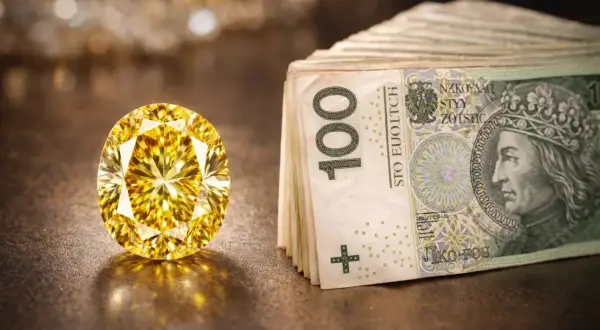 Olśniewający, duży, żółty diament lśni obok stosu banknotów 100-złotowych.
