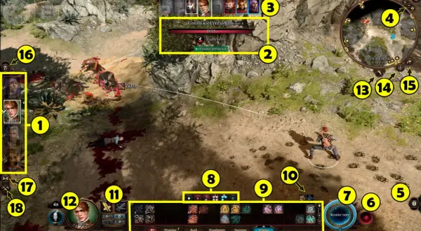 Baldurs Gate 3 solucja: walka z gnollami, interfejs gry z paskami zdrowia, minimapą i akcjami postaci.