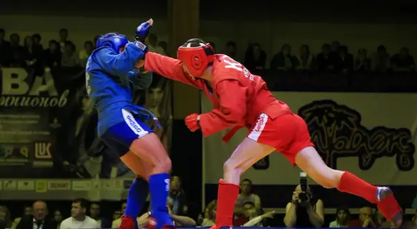 Två brottare i röd och blå dräkt utövar combat sambo. Den röda brottaren slår mot den blå.