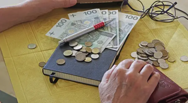 Ręce liczą pieniądze: banknoty 100 zł, monety i notatnik. Widać portfel i okulary. To może być rozliczenie daniny.