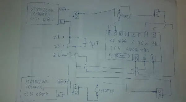 Schemat podłączenia modułu oświetlenia awaryjnego. Widać stateczniki, lampy, starter oraz akumulator Ni-MH.