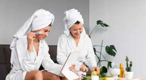 Dos mujeres disfrutan de ideas de spa en casa. Una se aplica maquillaje mientras la otra corta limón para una mascarilla facial.
