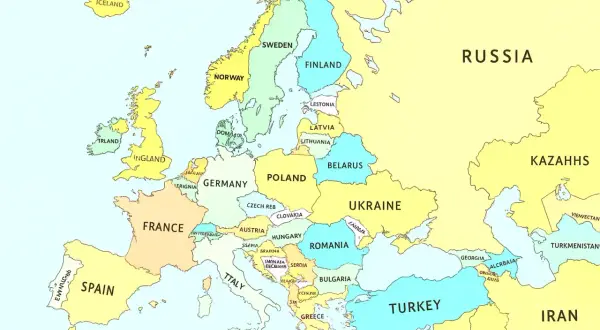 Mapa Europy z zaznaczonymi krajami. Gdzie jest Bruksela? Znajduje się w Belgii, między Francją a Niemcami.