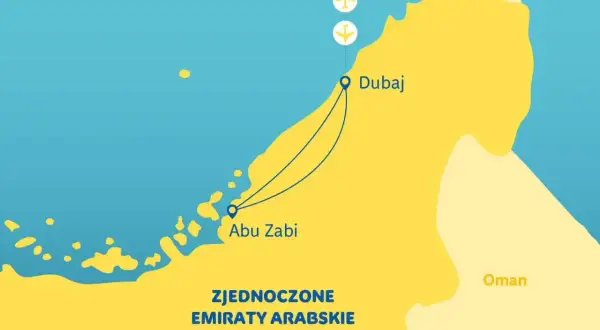 Mapa Zjednoczonych Emiratów Arabskich z zaznaczonymi Dubajem i Abu Zabi. Dwa samoloty symbolizują podróż między miastami.