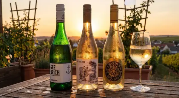 Drei Flaschen Wein und ein Glas stehen auf einem Holztisch. Im Hintergrund ein Weinberg bei Sonnenuntergang. Ein leichter Muskat Wein wäre hier perfekt.