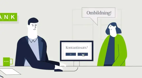 Två personer diskuterar "Kontantinsats?" på en datorskärm. En säger "Ombildning!".
