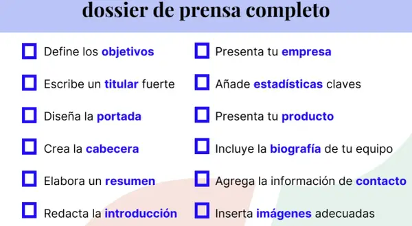 Lista de pasos para crear un dossier de prensa completo: define objetivos, titular, portada, resumen, introducción, historia, empresa, estadísticas, producto, biografía, contacto e imágenes.