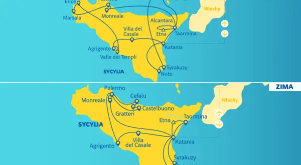 Sycylia wycieczka objazdowa Itaka: mapy tras Lato i Zima pokazują Palermo, Katania, Etna, Syrakuzy i inne miejsca.