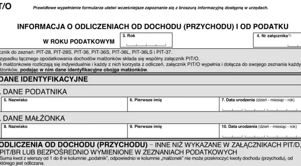 Formularz PIT/O do rozliczenia ulgi termomodernizacyjnej. Przykład wypełnienia danych podatnika i małżonka.