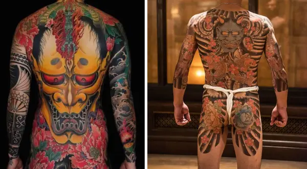 Zwei Männer mit beeindruckenden Ganzkörper-Tattoos im japanischen Tattoo Stil. Links ein gelbes Dämonengesicht mit roten Augen, rechts eine Maske mit Koi-Karpfen und Kirschblüten.
