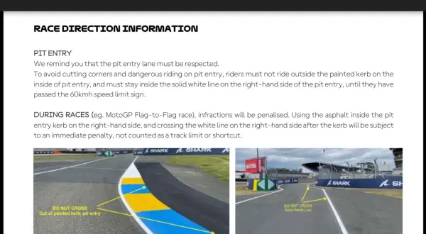 Dos imágenes de la entrada al pit lane de MotoGP. Una muestra la curva con marcas amarillas y azules, la otra la salida del pit lane con una línea blanca.
