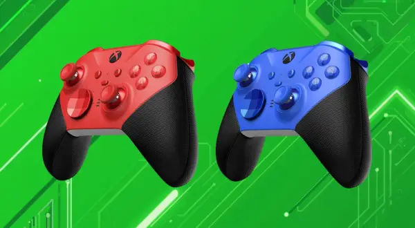 Dwa kontrolery Xbox Elite Series 3, czerwony i niebieski, na zielonym tle z elementami obwodów.