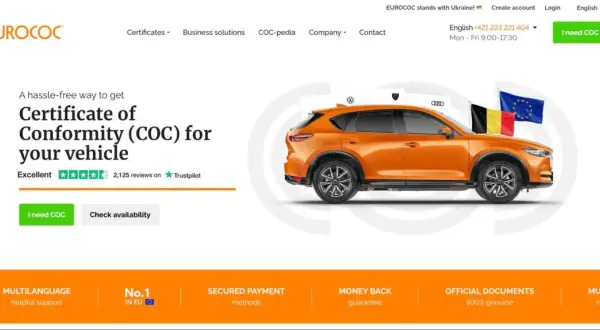 Orange bil från Tjeckien med flaggor från Belgien och EU. Eurococ hjälper dig att få intyg för din bil.