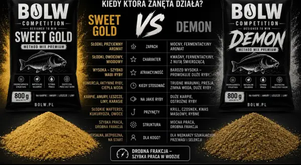 Torba zanęty wędkarskiej BOLW Sweet Gold, słodka i owocowa, idealna na ciepłe dni i aktywne żerowanie.
