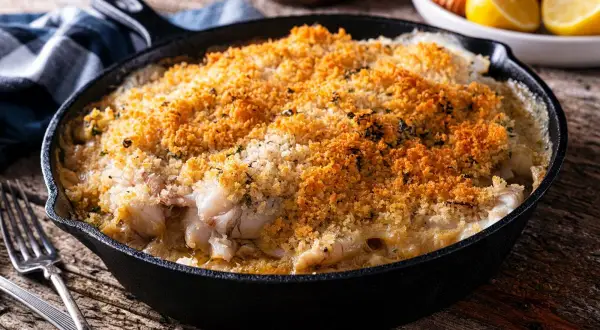 Heilbutt in der Auflaufform, goldbraun überbacken mit knuspriger Kruste. Ein köstliches Gericht, das zum Genießen einlädt.