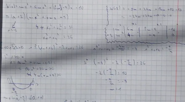 Ręcznie pisane równania matematyczne i wykres paraboli na kratkowanym papierze.