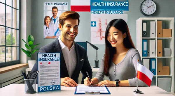 Uśmiechnięci ludzie podpisują dokument "HEALTH INSURANCE POLSKA". Dowiedz się, jak sprawdzić czy jest się ubezpieczonym.