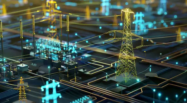 Futurystyczny **grid** energetyczny, gdzie linie przesyłowe i wieże przypominają obwody drukowane.