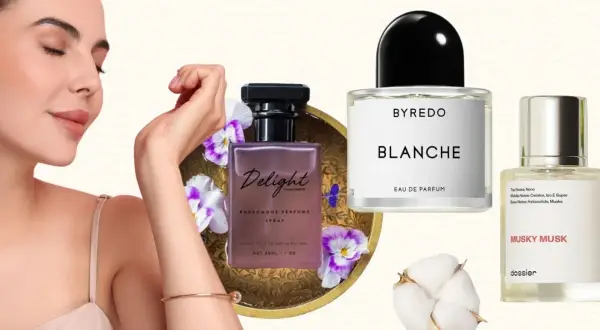 Kobieta wącha perfumy z feromonami "Delight", obok flakoniki Byredo Blanche i Dossier Musky Musk.