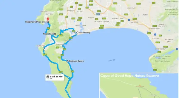Karte der Kap-Halbinsel mit Route von Kapstadt über Chapman's Peak Drive, Noordhoek, Boulders Beach zum Kap der Guten Hoffnung.
