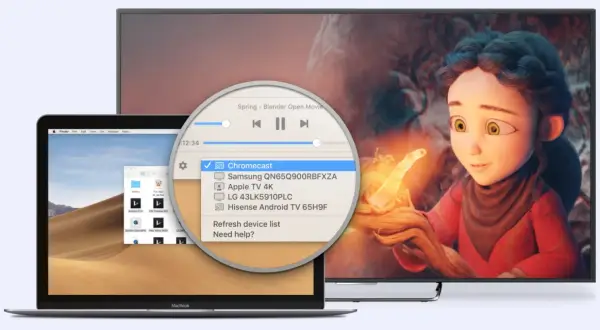 Learn how to connect MacBook to Samsung TV. A pop-up shows Chromecast options, including a Samsung TV, for screen mirroring.