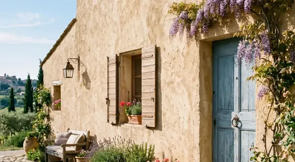 Maison de campagne avec enduit à la chaux extérieur, porte bleue, volets en bois, banc et lavande.