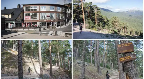 Senderismo en la ruta Siete Picos. Paisajes de montaña y bosques de pinos.