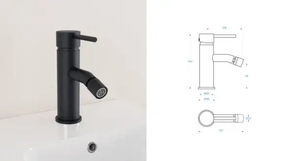 Miscelatore nero con doccetta integrata, ideale per smontare e installare in cucina. Dimensioni dettagliate nel disegno tecnico.