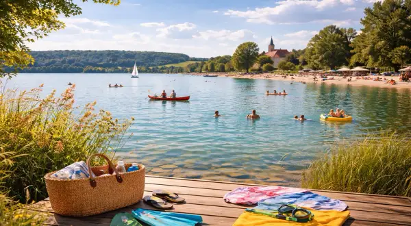 Sommerliche Szene am See mit Badegästen, Booten und Strand. Picknickkorb und Badesachen im Vordergrund.