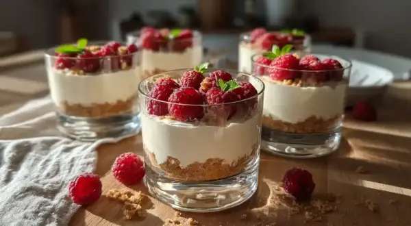 Zeinas cheesecake i glas med hallon och mynta, en perfekt sommardessert.