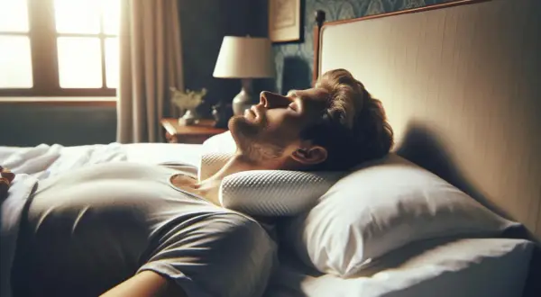 Man sleeping with a contoured pillow. Is sleeping with two pillows bad for your neck? This pillow aims to support it.