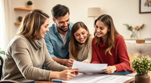 Famiglia discute documenti, forse un mutuo per una casa disabili. Sorrisi e speranza per un futuro con un buon tasso interesse.