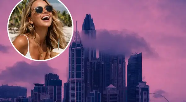 Uśmiechnięta blondynka z kokosem na tle wieżowców w Dubaju. Czy to odpowiedź na pytanie, dlaczego polskie gwiazdy masowo przeprowadzają się do Dubaju i Hiszpanii?