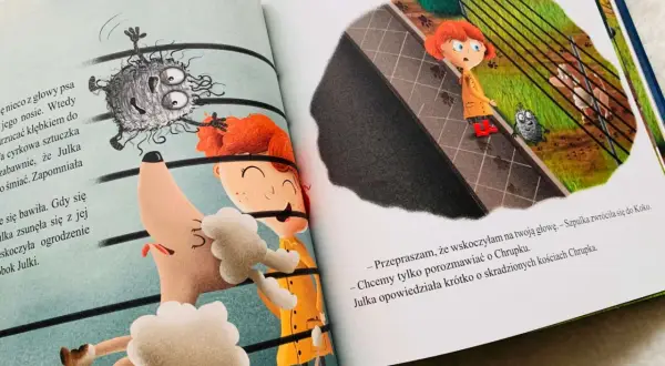 Ilustracje z książki "książki na spostrzegawczość dla dzieci". Julka i pies Szpulka rozmawiają o Chrupku.