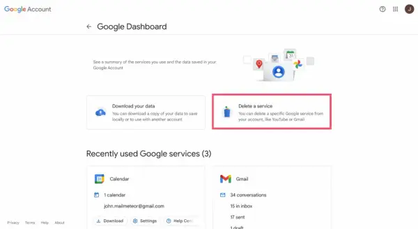 Tableau de bord Google : option pour supprimer un service, comme Gmail.